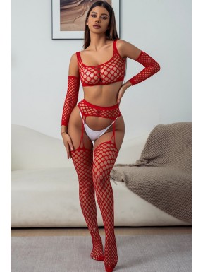 Ensemble Lingerie 3 pièces rouge en résille large - J Lingerie