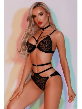 Ensemble soutien-gorge, culotte et ceinture noir - J Lingerie 