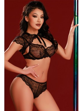 Ensemble soutien-gorge, tanga et caraco noir - J Lingerie 